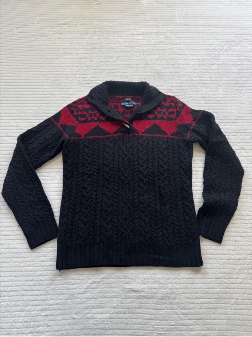 Polo by Ralph Lauren Black Cable Knit Cowl Sweater with Red Yoke Pattern